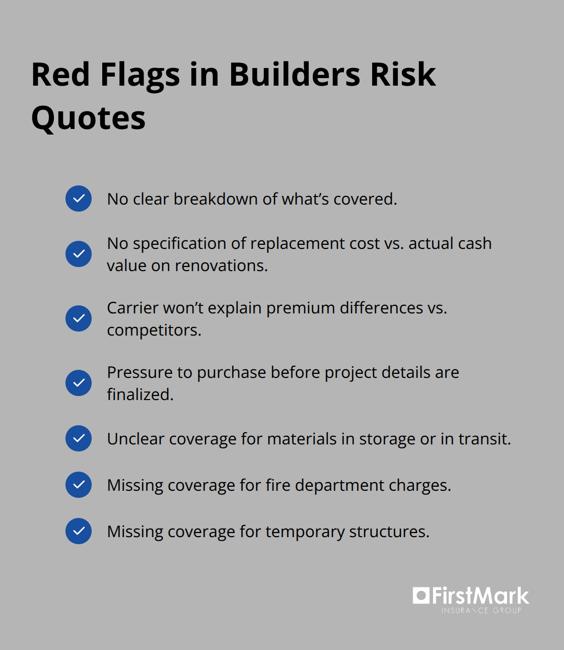Checklist of warning signs that a builders risk quote may be inadequate or incomplete.