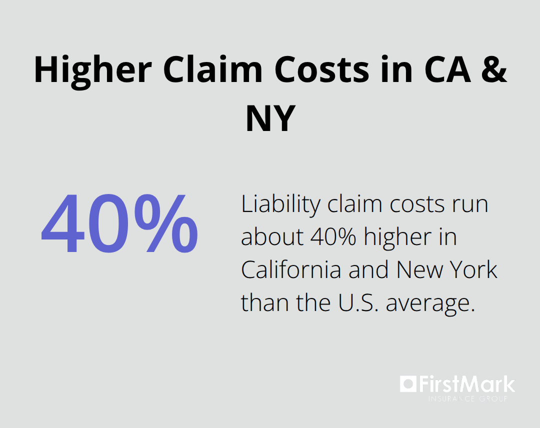 Percentage highlighting how California and New York claim costs compare to national averages - business umbrella policy