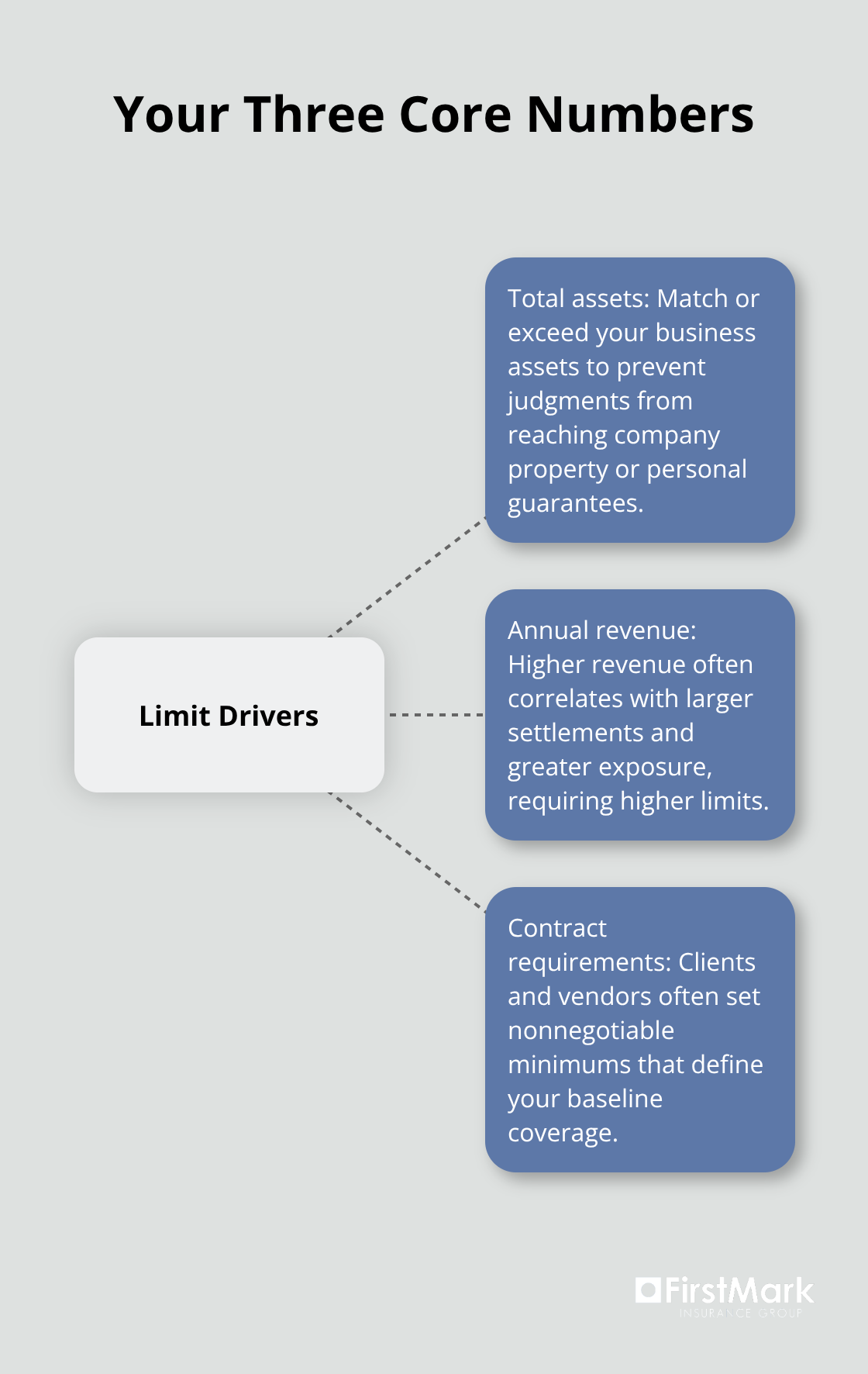 Hub-and-spoke showing assets, revenue, and contracts as the key drivers of umbrella limits - business umbrella policy