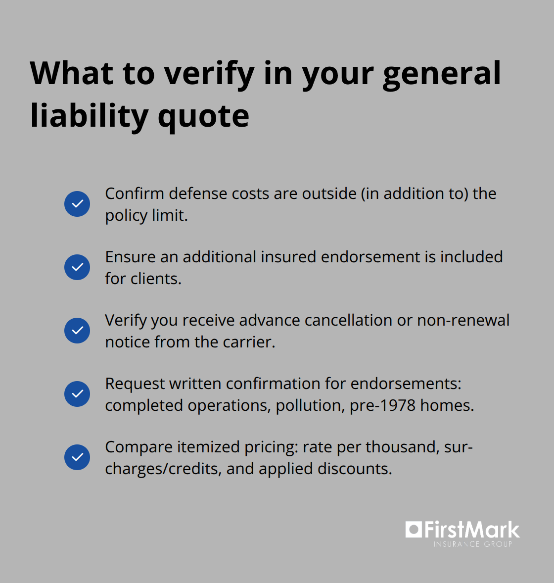 Compact checklist of key quote details to confirm before renewal