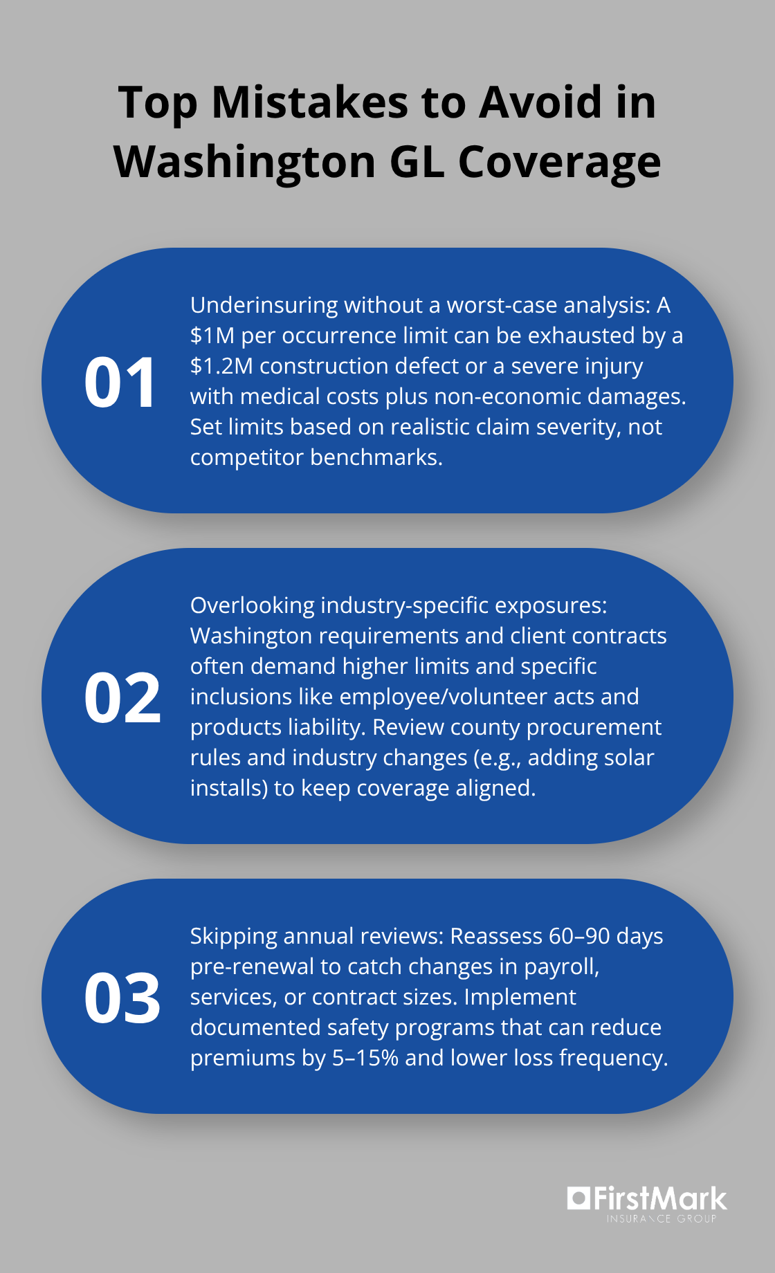 Three-point list explaining the most common general liability coverage mistakes for Washington businesses - general liability protection WA