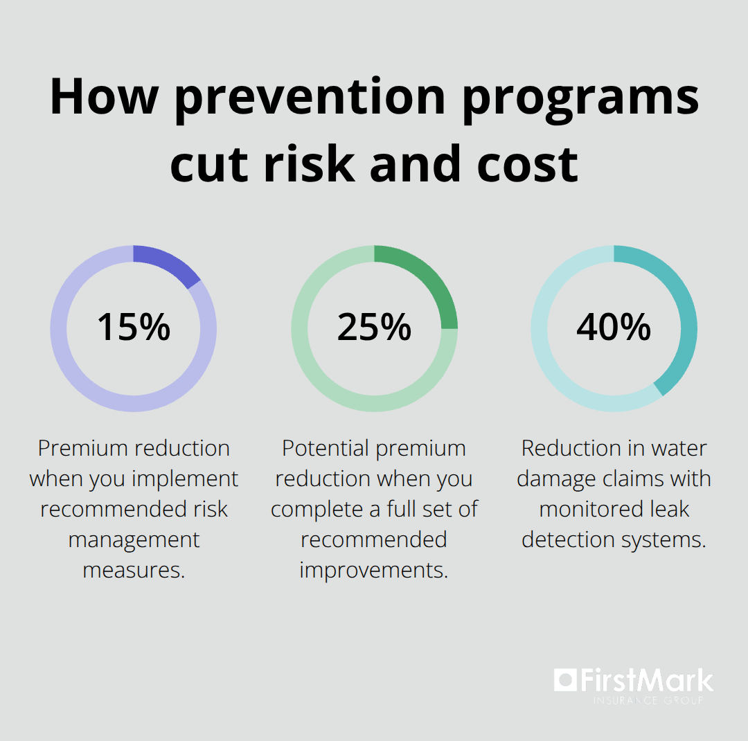 Percentage chart showing premium reductions and water damage claim reduction from prevention services in U.S. high net worth insurance