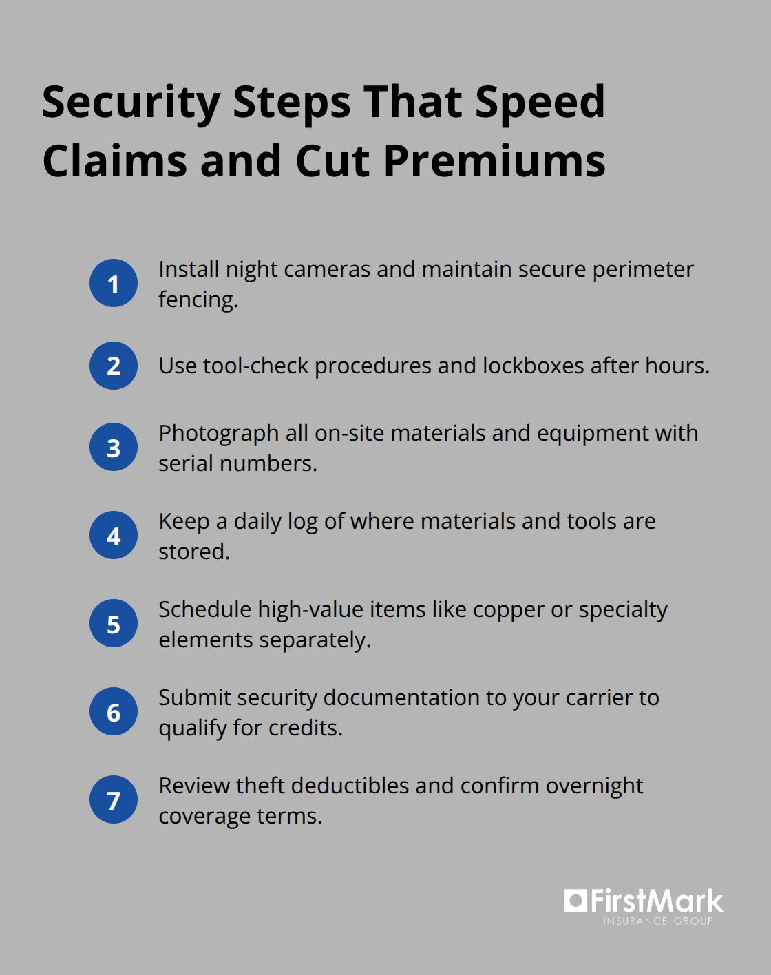 Compact checklist of theft-prevention and documentation steps that improve claims and can earn premium credits. - washington builders risk coverage