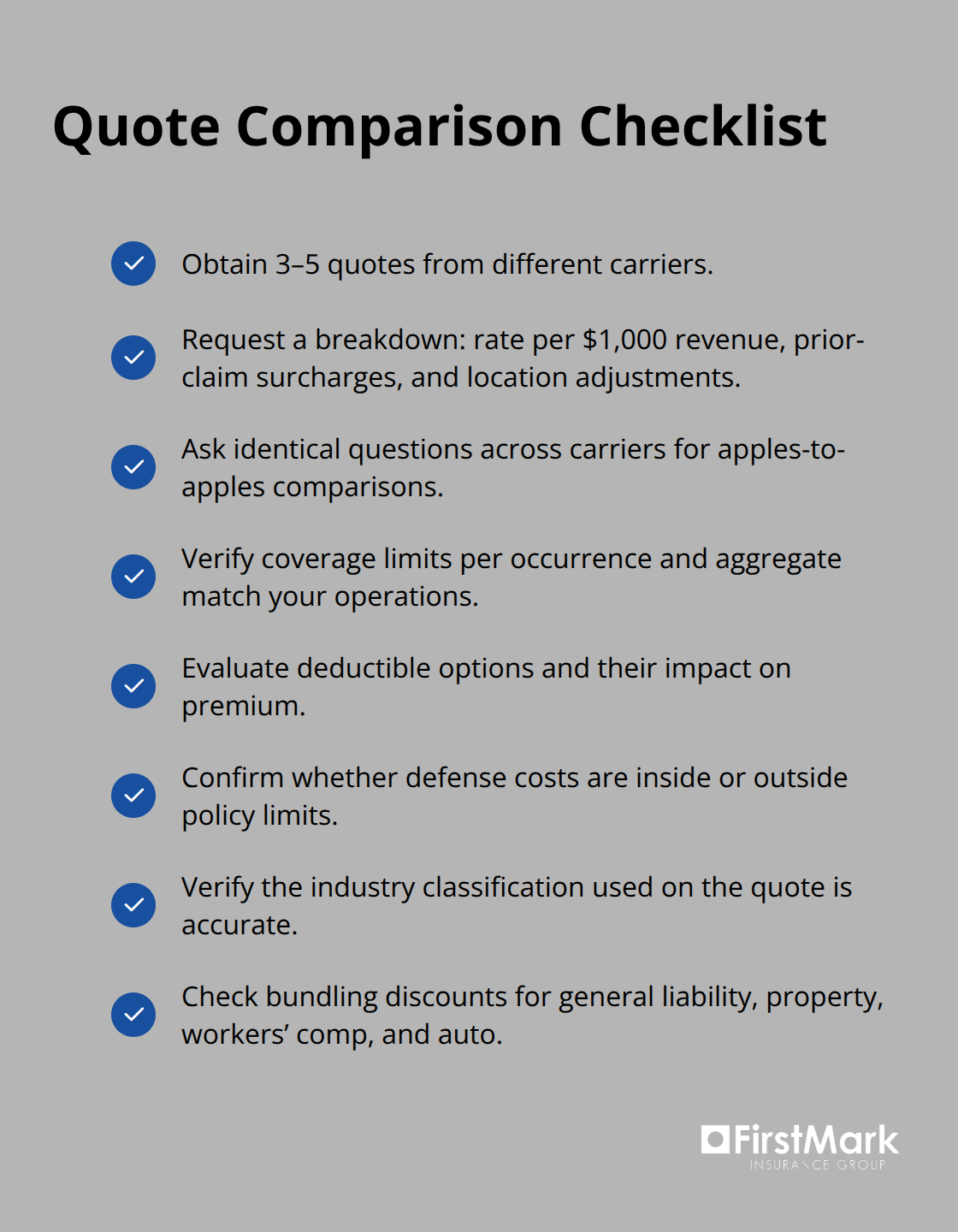 Checklist of steps and questions to compare Washington general liability quotes effectively.