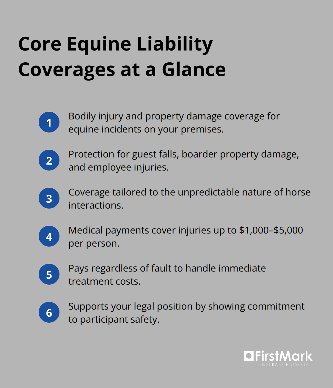 Compact list of core equine liability coverages and typical medical payment limits - Equine liability insurance WA