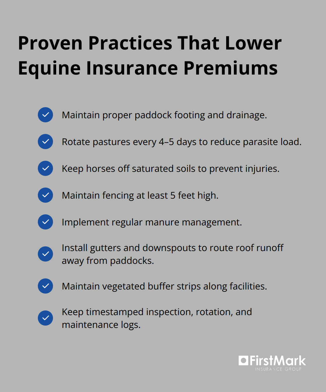 Checklist of risk management actions that can reduce equine insurance premiums