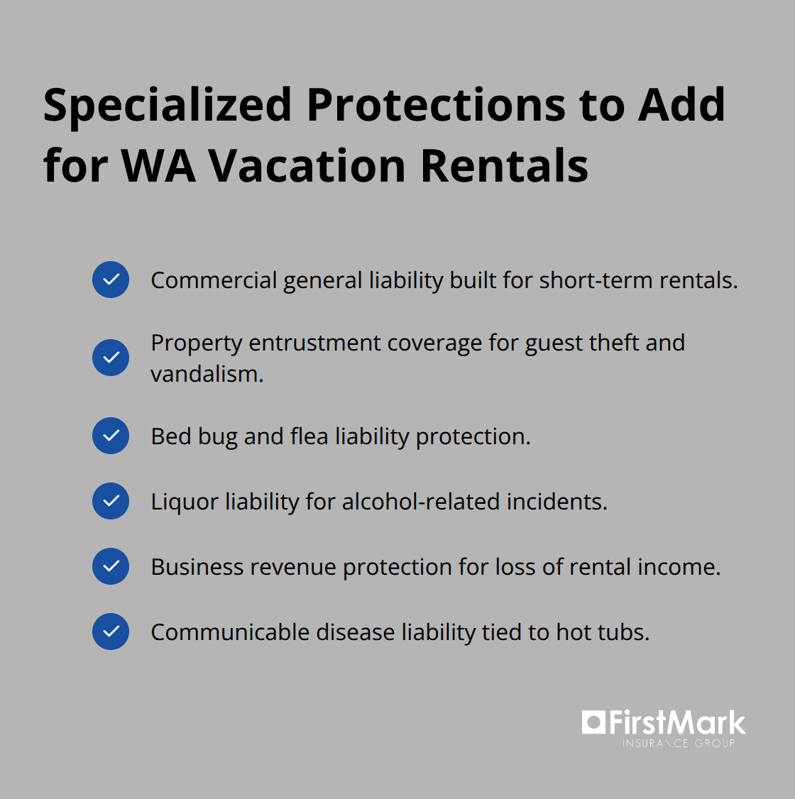 Checklist of specialized coverages recommended for Washington vacation rental properties - Vacation home liability WA