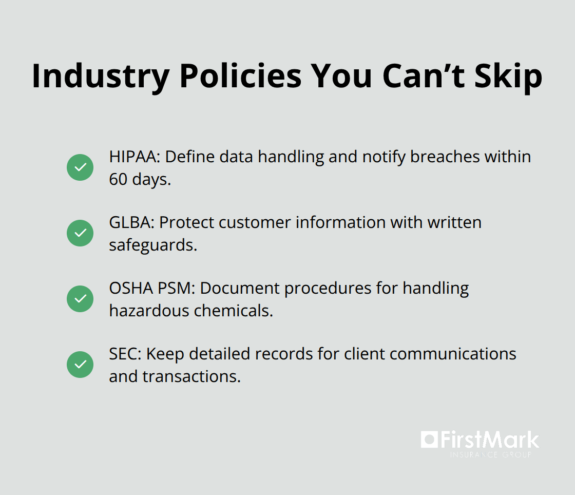Essential industry-specific policy requirements: HIPAA, GLBA, OSHA PSM, and SEC record-keeping.
