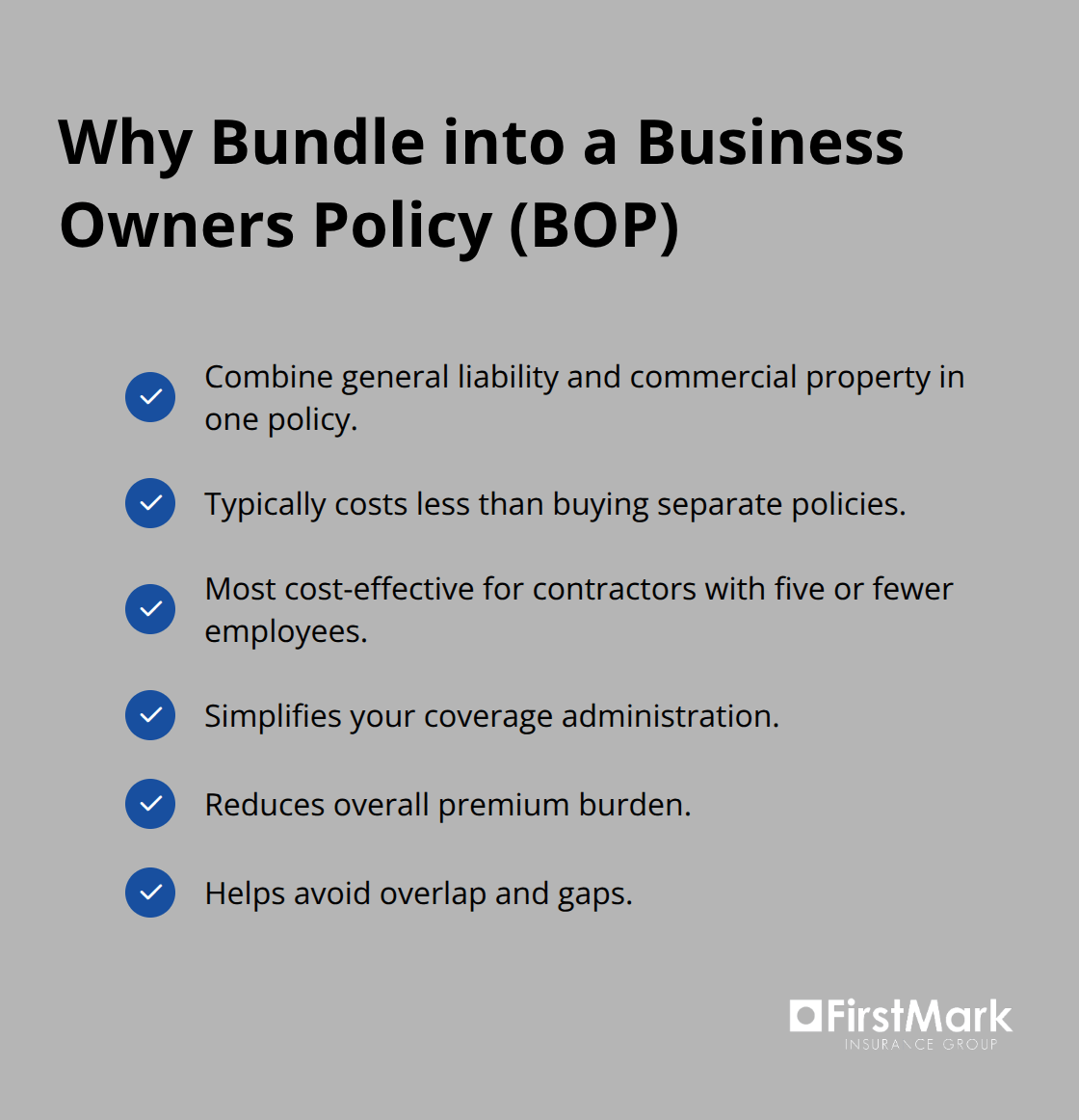 Checkmarked list showing benefits of bundling coverage into a BOP for small contractors - professional contractors insurance washington