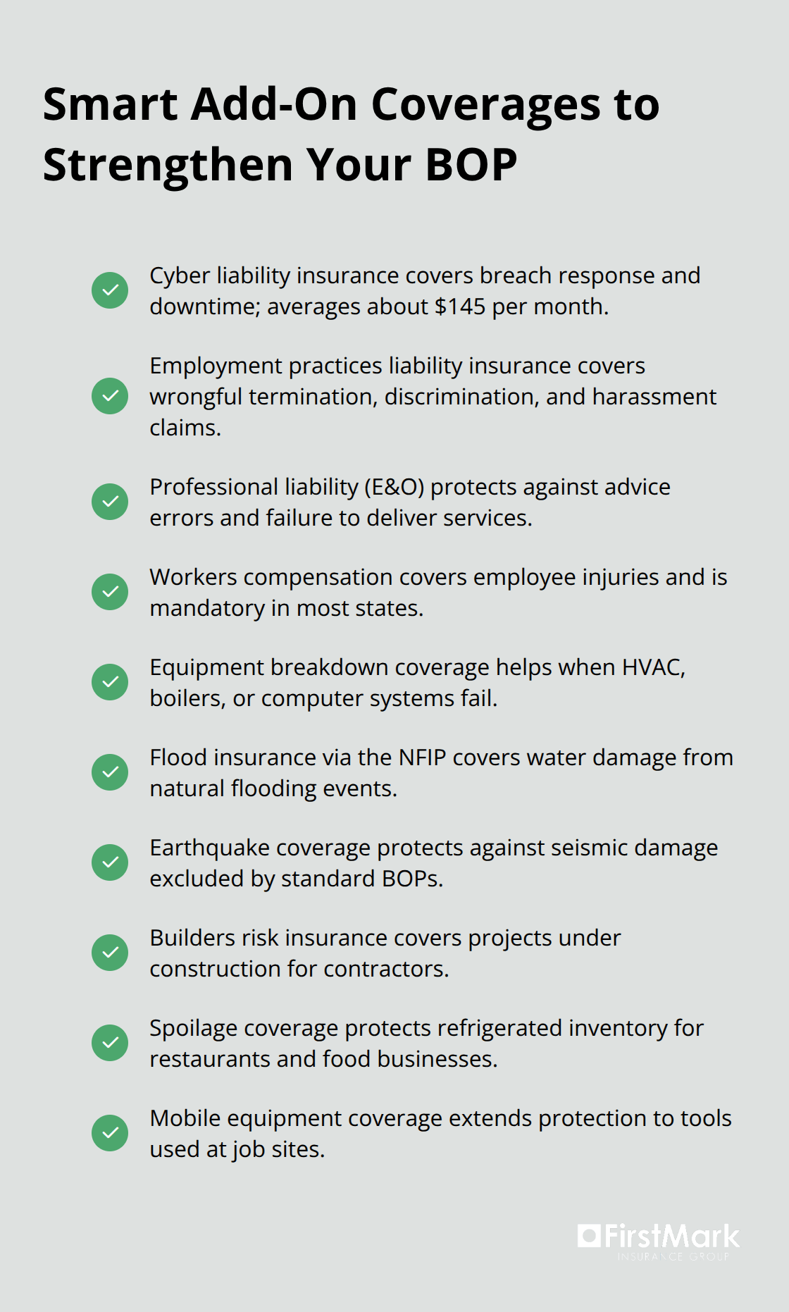 Checklist of recommended optional coverages to address common BOP gaps - what does a business owners policy cover